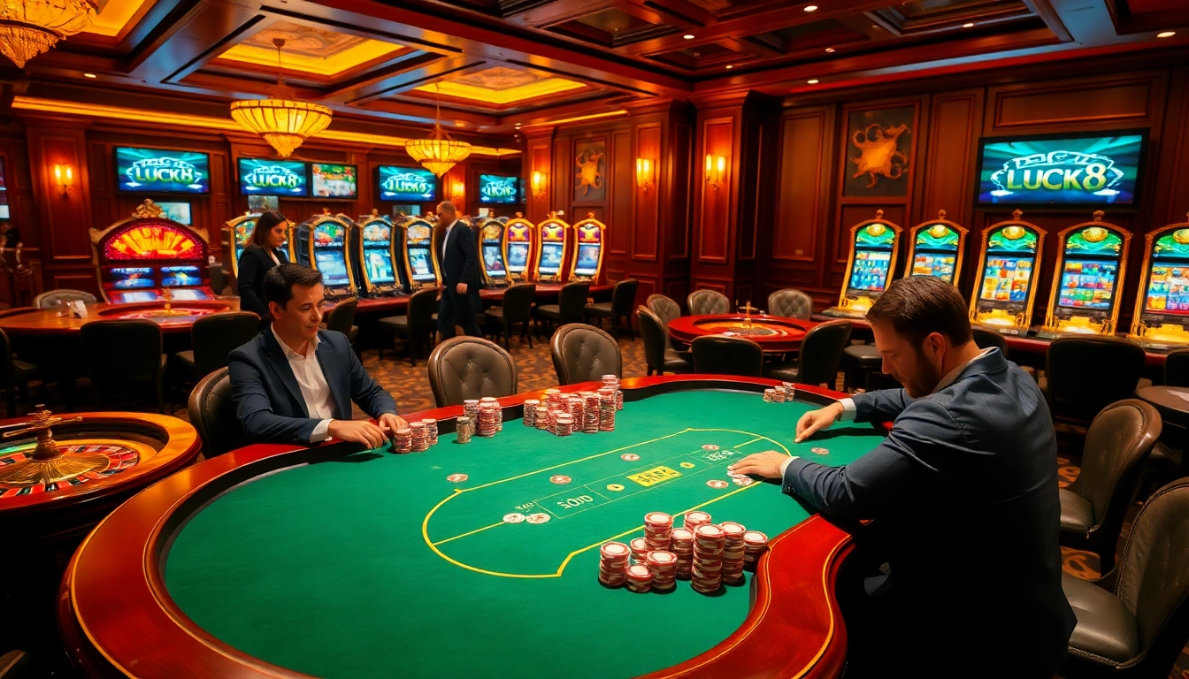 Chơi poker với các chip mang thương hiệu LUCK8 trong một casino sang trọng.