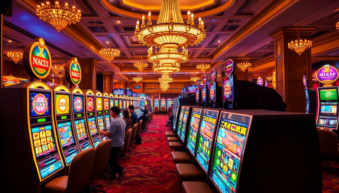 Players celebrating wins on nổ hũ slot machines in a luxurious casino setting.