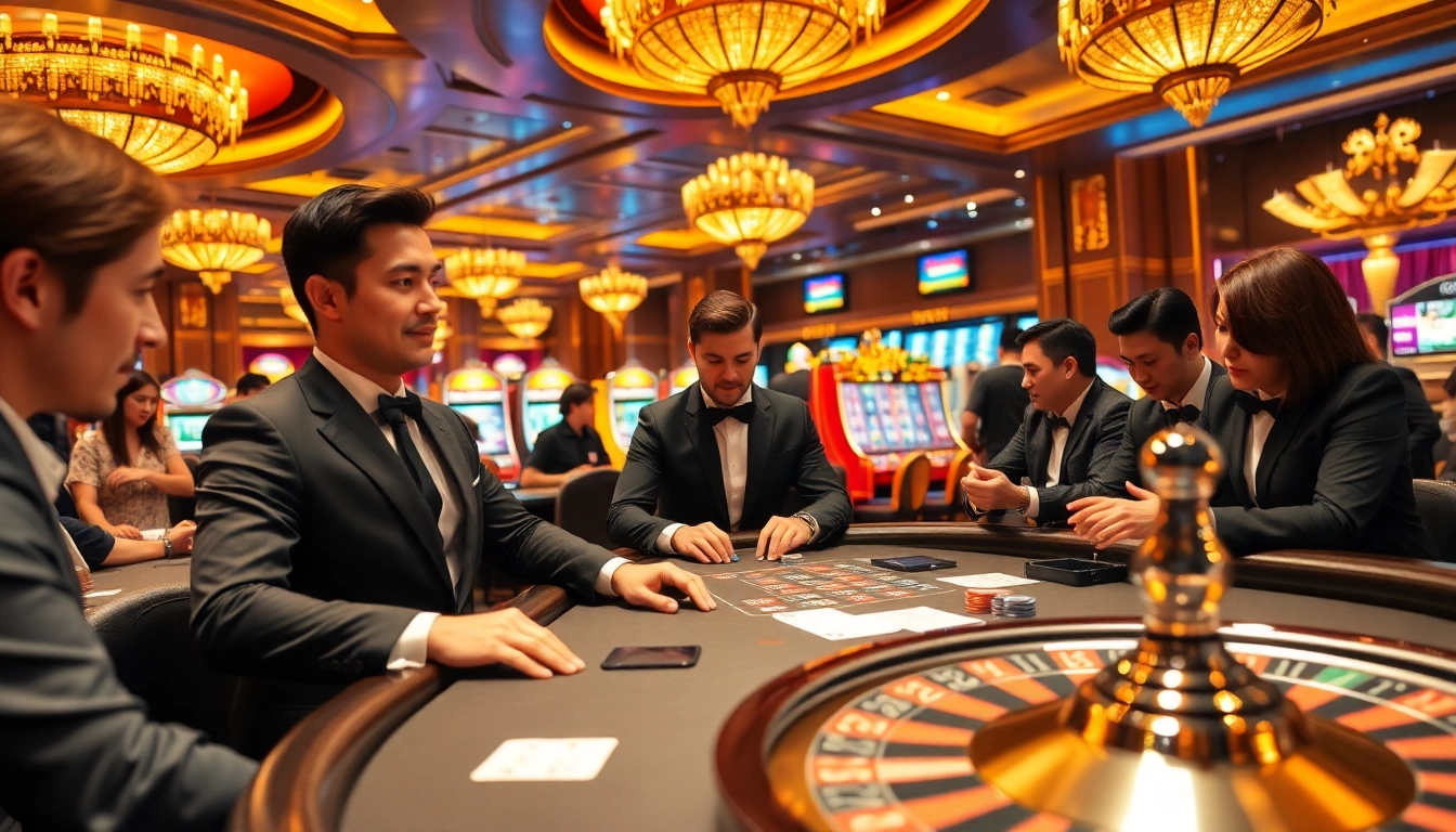 Exciting casino scene at king88 with players engaging in blackjack and vibrant slot machines.
