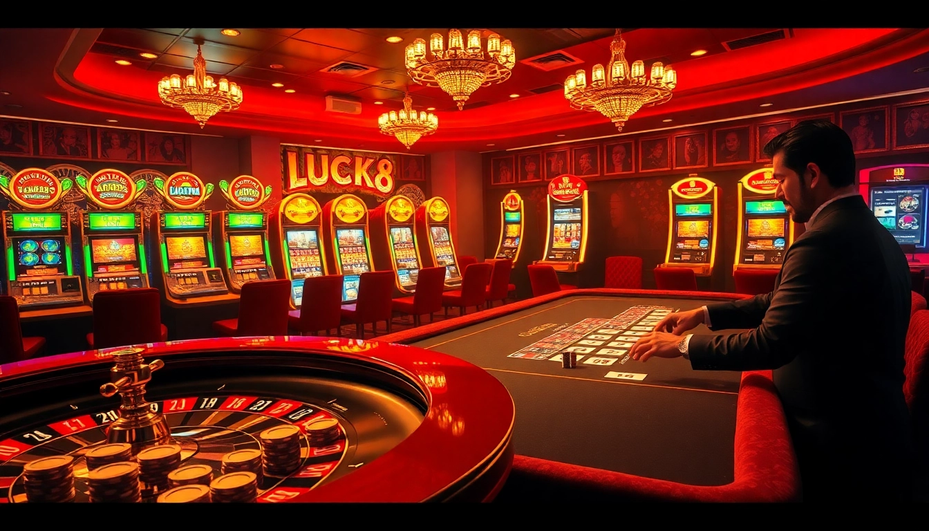 Exciting casino scene showcasing LUCK8 with roulette, poker table, and vibrant slot machines.