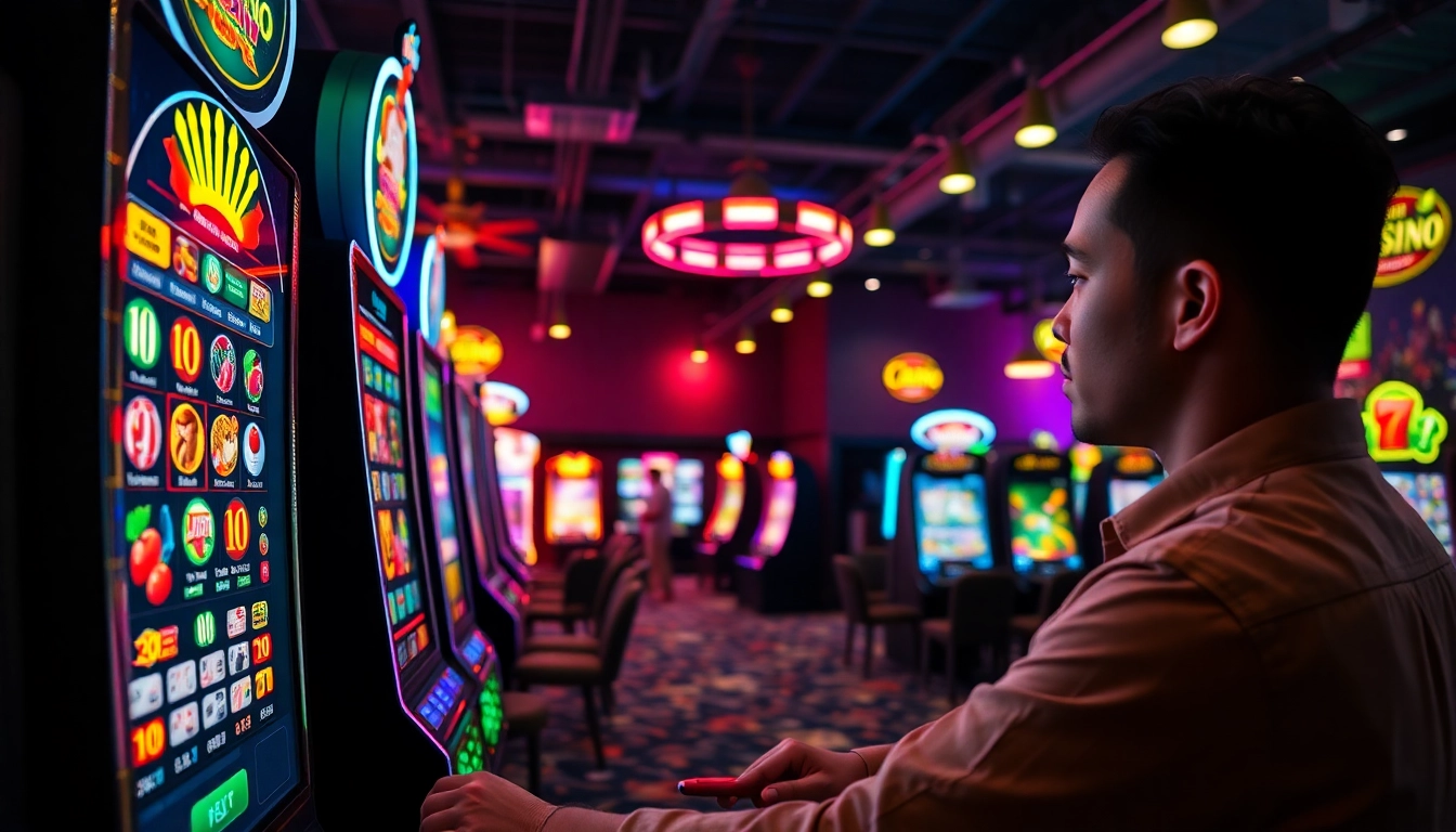 A legjobb online kaszinó élményét tükröző játékos a digitális nyerőgépnél.