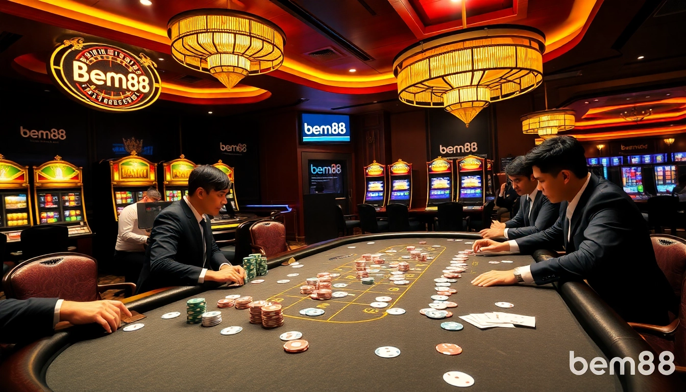 Players engage in thrilling poker at bem88 casino, showcasing excitement and luxury in gaming.