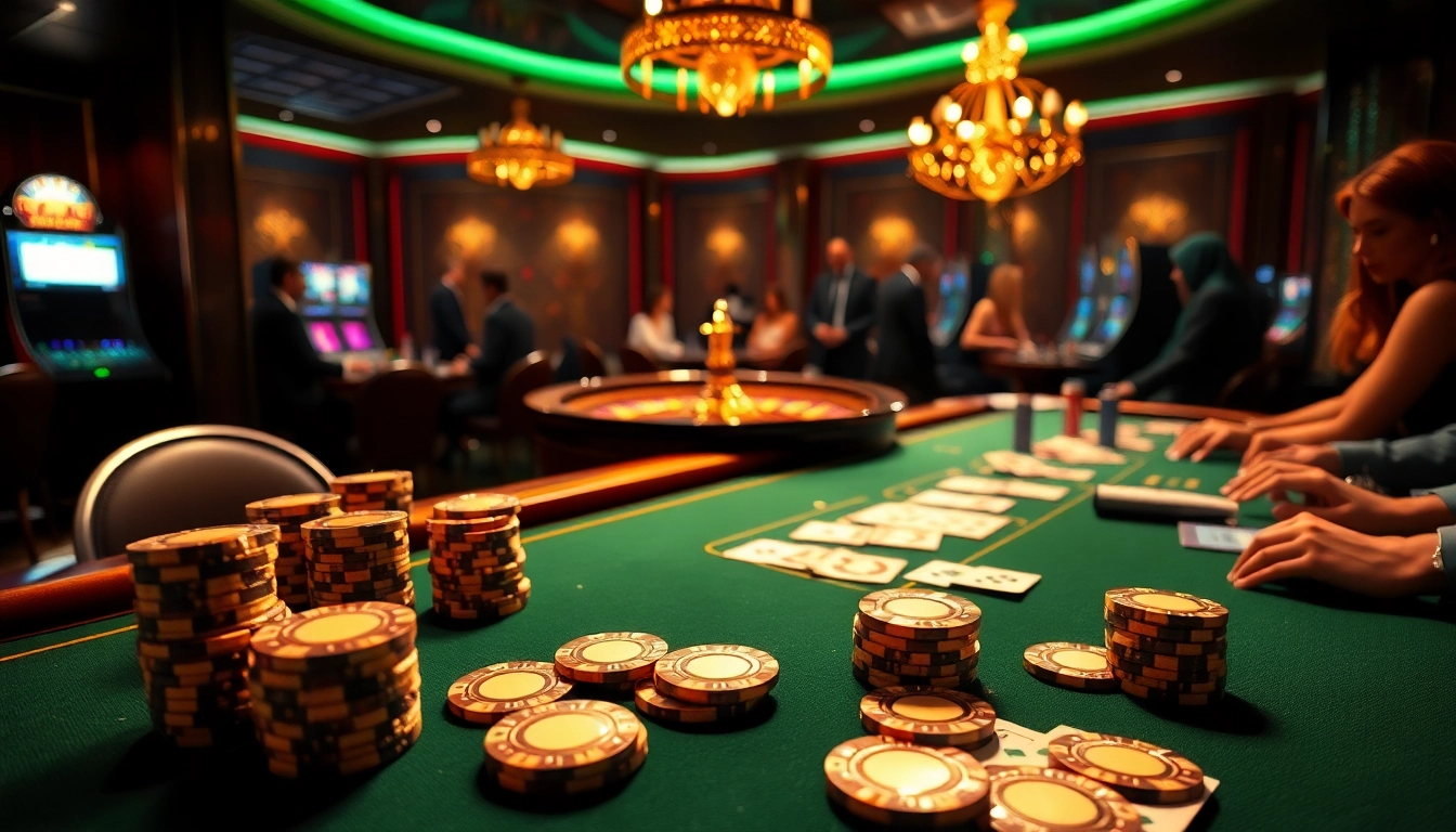 Players engaging in high-stakes poker with b52-themed chips in a luxurious casino setting.