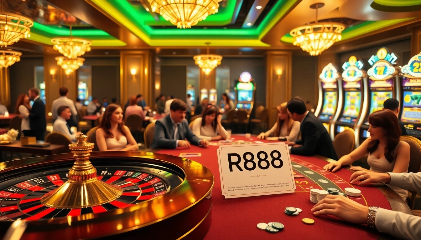 Players engaging in high-stakes gambling at luxurious tables with RR888 betting slips in a vibrant casino.