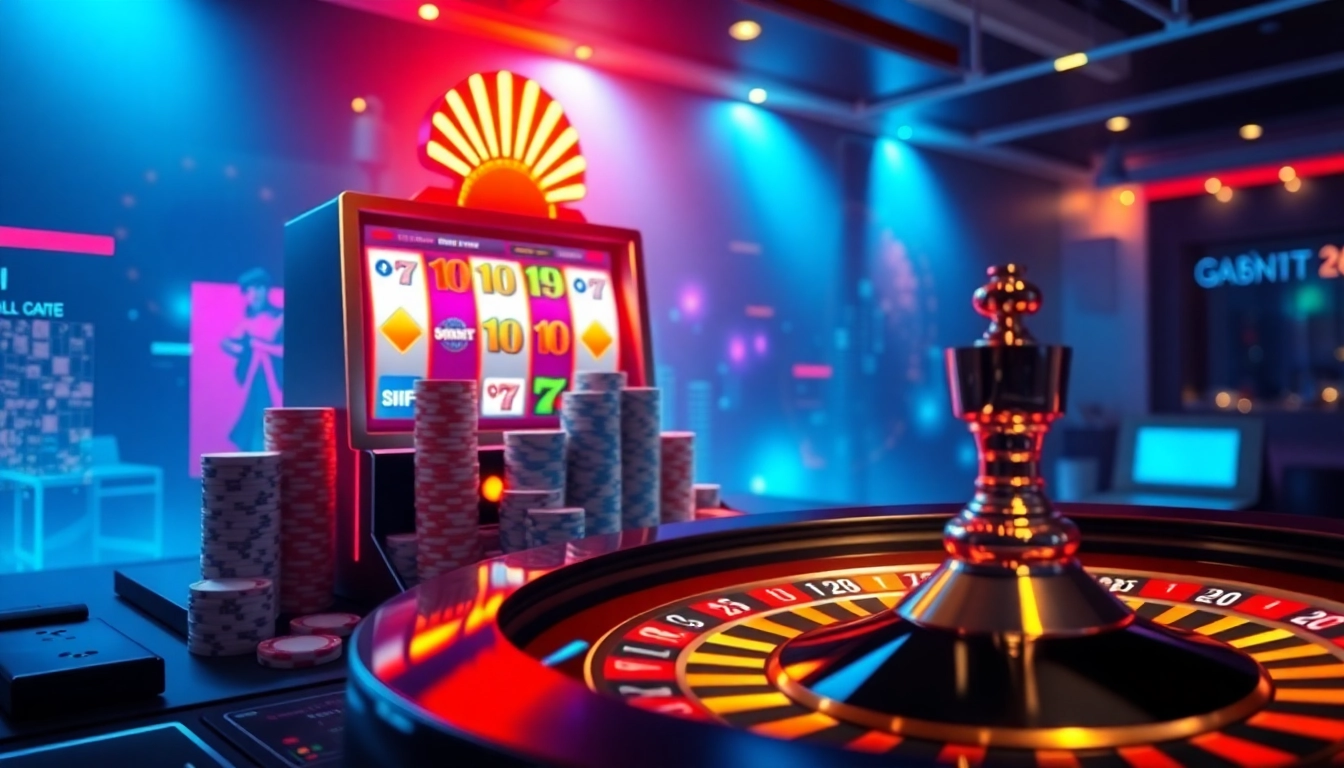 Engage with the online casino experience at https://s8net.com/ featuring a vibrant slot machine, poker chips, and roulette wheel.