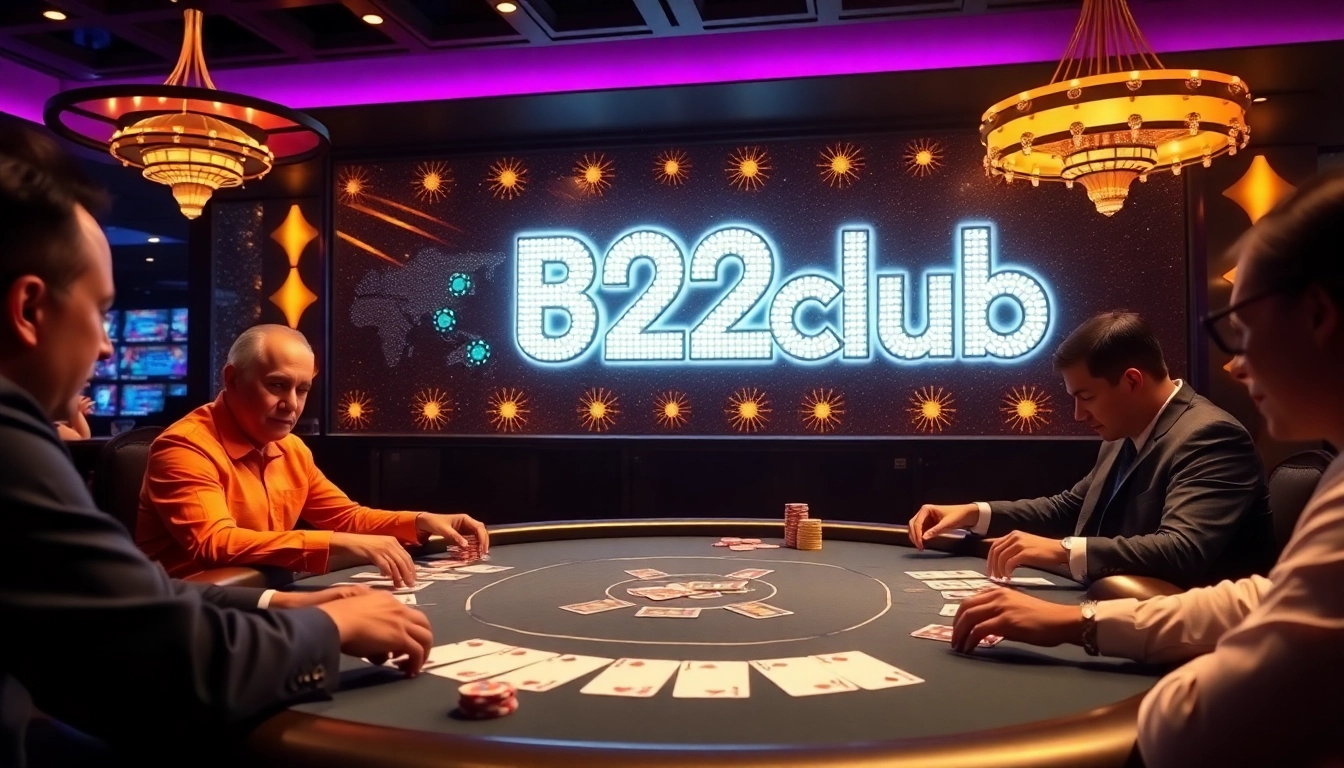 Players strategize at the B52club poker table, surrounded by vibrant casino chips and cards.