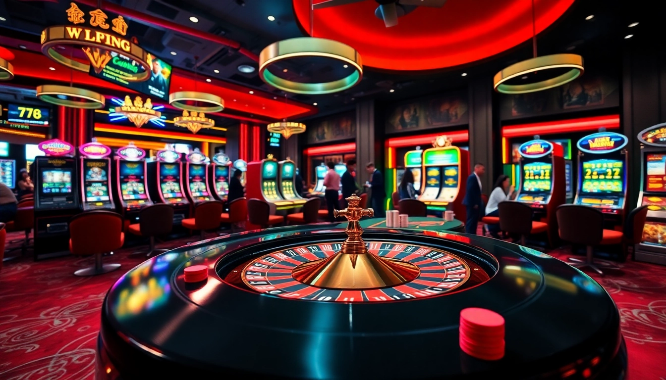 Exciting gambling scene featuring the Trang chủ 79KING casino experience with roulette and vibrant slot machines.