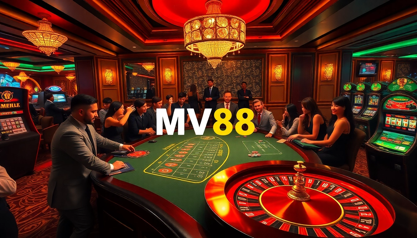 Experience the excitement of MV88 with a vibrant casino atmosphere showcasing gaming tables, roulette wheels, and slot machines.