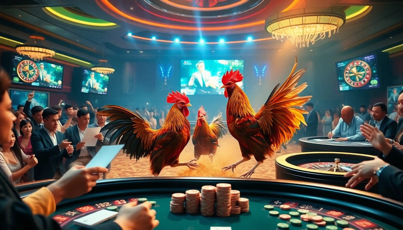Exciting 28bet đá gà action in a vibrant casino atmosphere with live bets and dynamic cockfight.