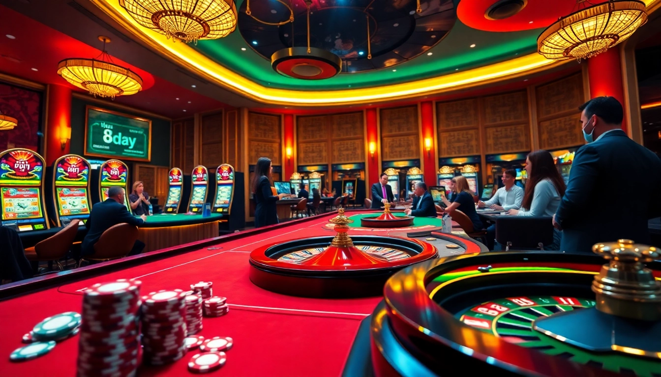 8day casino scene showcasing vibrant poker chips, roulette wheel, and engaging players.