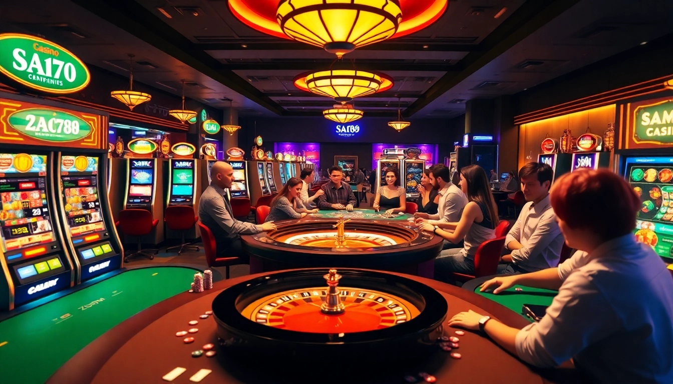 Sao789 players enjoying thrilling casino games at vibrant poker tables with exciting slot machines.