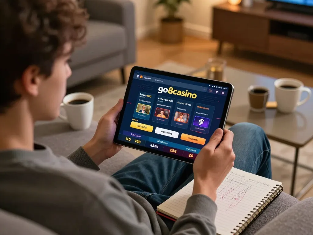 Engaged player enjoying the go8casino app on a tablet while seated comfortably in a cozy home environment.