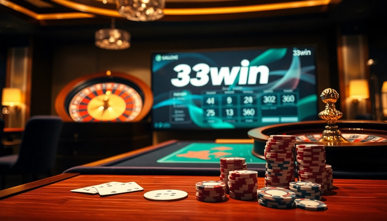 Engaging casino scene with 33win branding, featuring roulette wheel and poker chips.