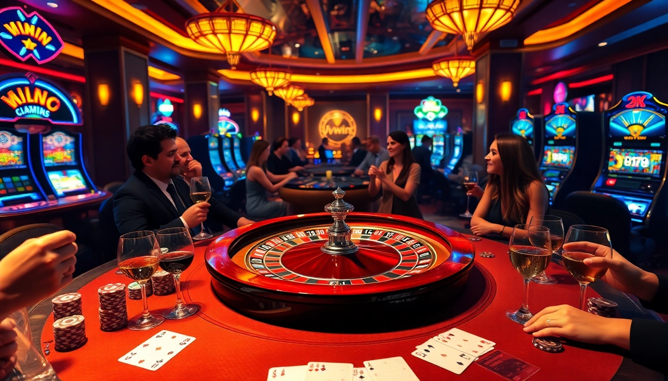 Players enjoying a thrilling casino atmosphere at vvvwin, featuring poker chips, cards, and a roulette wheel.