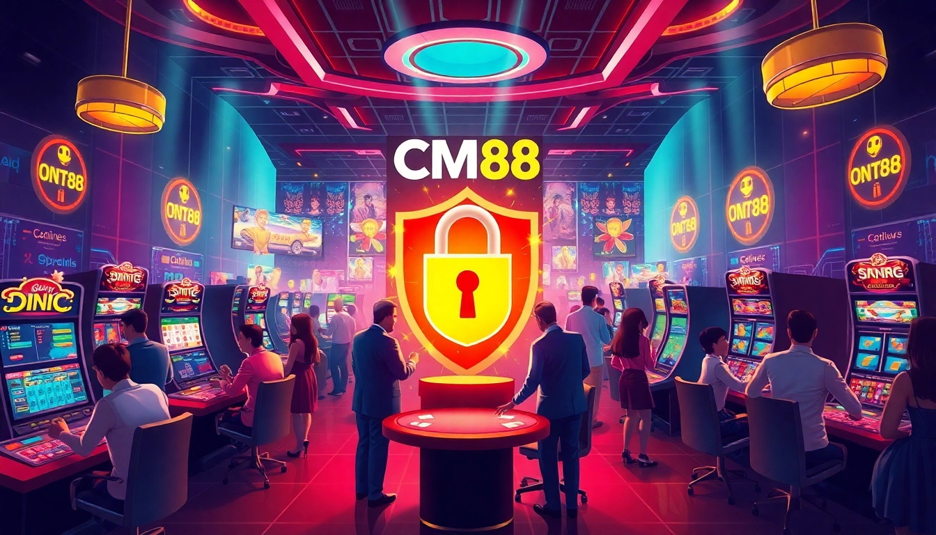 Exciting CM88 online gambling scene with diverse players and games, showcasing a vibrant casino atmosphere.