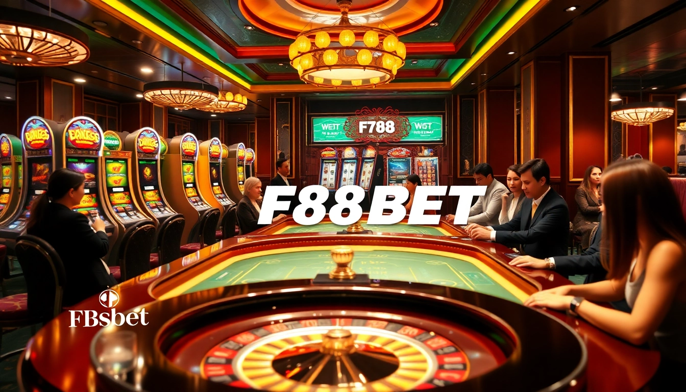 Players engaging in exciting games at F88BET casino with vibrant slot machines and roulette tables.
