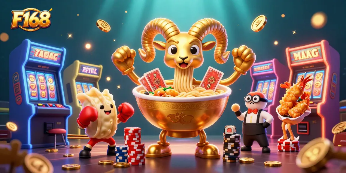 Experience thrilling gameplay at F168 with a golden ramen bowl character stacking chips and dealing cards.