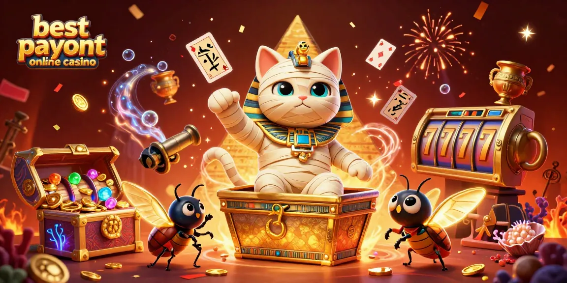 Win big at the best payout online casino with a dynamic scene of a cartoon mummy cat and treasures.