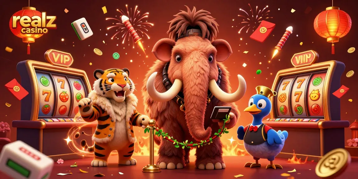 Celebrate winning at realz casino with a vibrant 3D scene featuring a woolly mammoth bouncer and VIP guests.