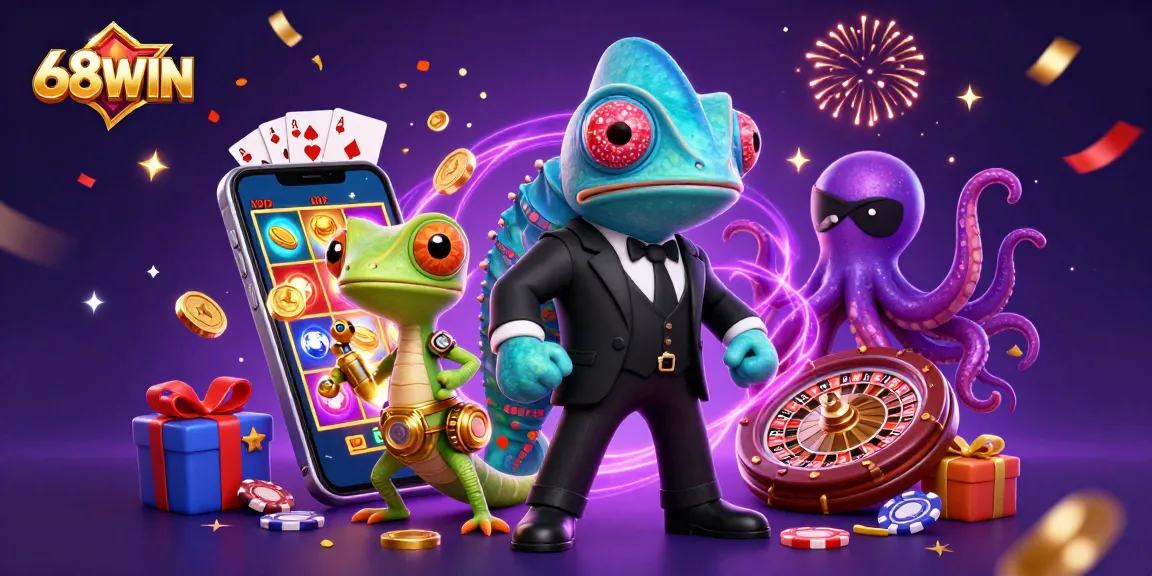 Experience thrilling gaming action with 68WIN's vibrant casino illustration featuring dynamic characters and games.