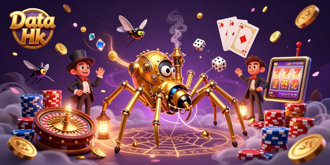 Engage with thrilling Data Hk results as a golden spider entangles dice amidst a steampunk casino theme.