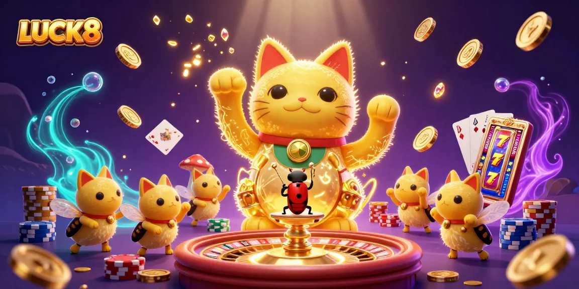 LUCK8 showcases a vibrant scene of a lucky cat, fireflies, and casino symbols celebrating big wins.