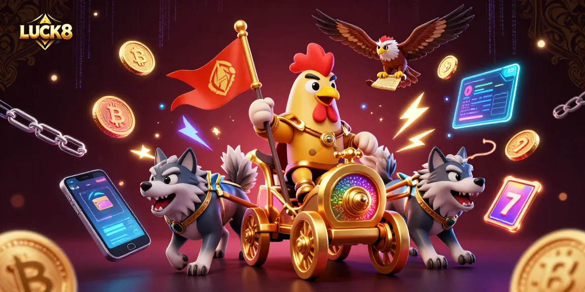 Experience the excitement at LUCK8 with a dynamic 3D casino scene featuring a rooster warlord and crypto elements.