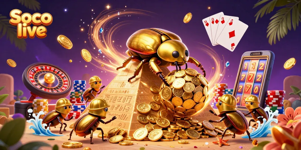 Experience Soco live as the golden beetle rolls in a vibrant casino scene with coins and cards.